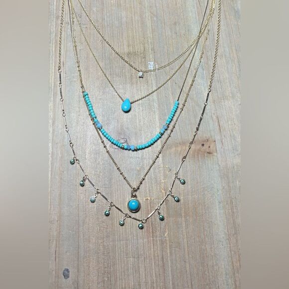 New! 14” Juliet Turquoise & Gold Tone 5-Strand Adjustable Necklace 3” Extension - Picture 2 of 4